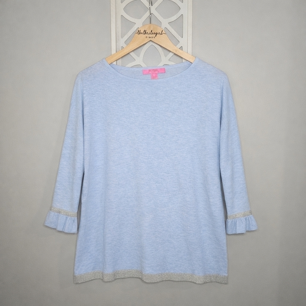 Lilly Pulitzer Charla Sweater Blue Tint CoolMax Lightweight Ruffle Sleeve